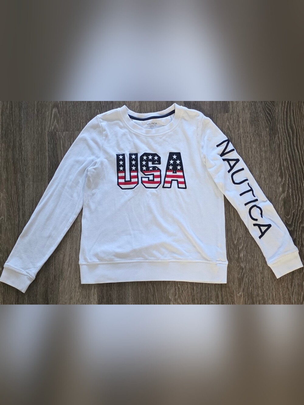 Nautica USA Flag Sweatshirt - White with Red & Navy Size S